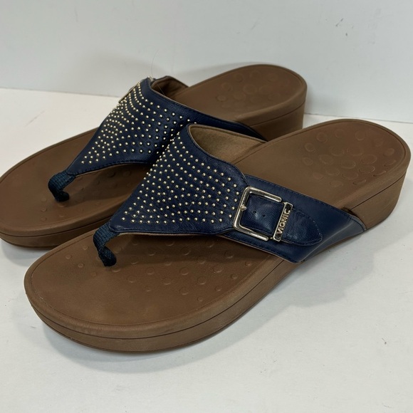 Vionic Capitola Thong Wedge Sandals Women Sz 9.5 Navy Blue Buckle Studded - Picture 2 of 7
